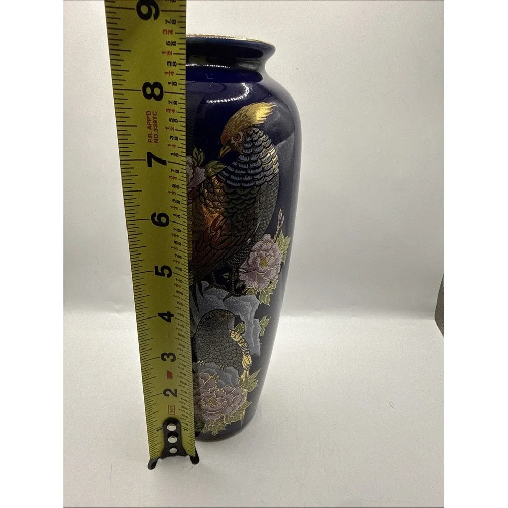 Kutani Cobalt Blue Pheasant and Flowers Vase Japanese